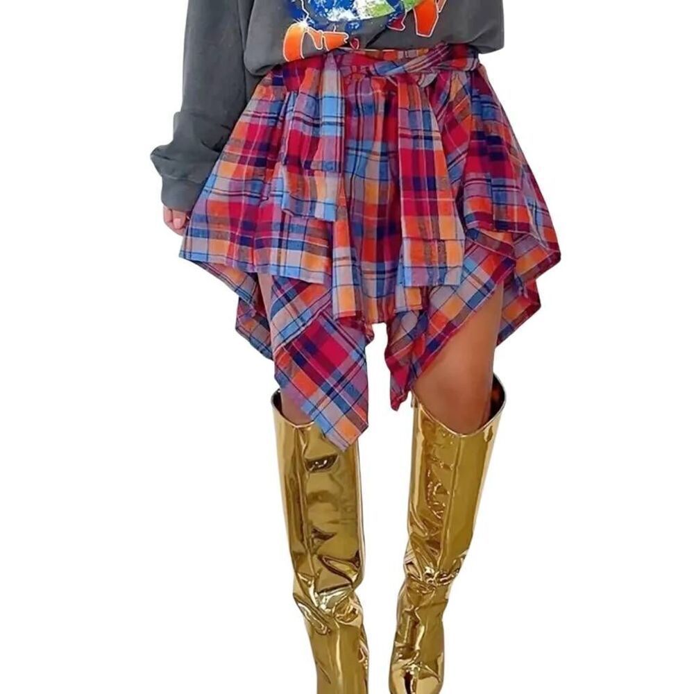 Women's Flannel Asymmetrical Hemline Plaid Front Tie Skirt Medium #1